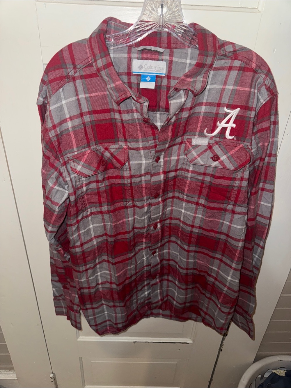 Columbia Red & Gray Plaid Button-Down Flannel Shirt with Alabama Patch L
